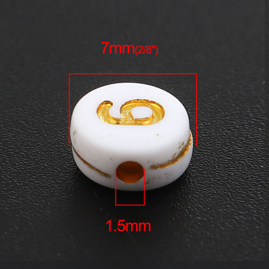 Image de Perles en Acrylique Plat-Rond Blanc & Or Chiffres Env. 7mm Dia, Trou: env. 1.5mm, 500 Pcs