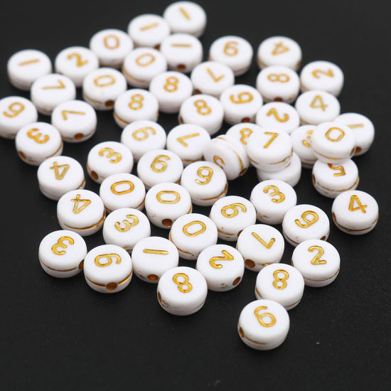 Image de Perles en Acrylique Plat-Rond Blanc & Or Chiffres Env. 7mm Dia, Trou: env. 1.5mm, 500 Pcs