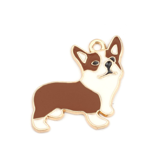 Image de Breloques en Alliage de Zinc Chien Corgi Doré Blanc & Jaune Émail 23mm x 22mm, 10 Pcs