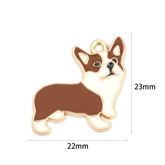Image de Breloques en Alliage de Zinc Chien Corgi Doré Blanc & Jaune Émail 23mm x 22mm, 10 Pcs