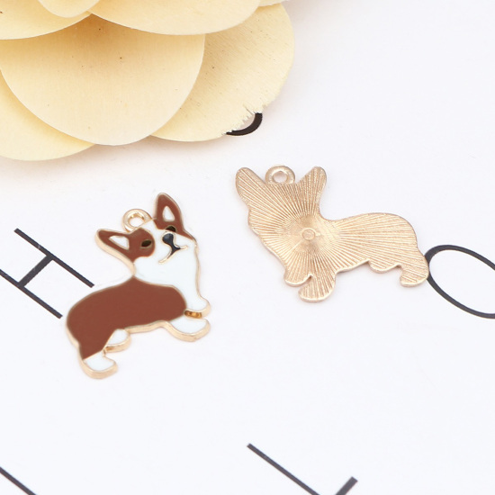 Image de Breloques en Alliage de Zinc Chien Corgi Doré Blanc & Jaune Émail 23mm x 22mm, 10 Pcs
