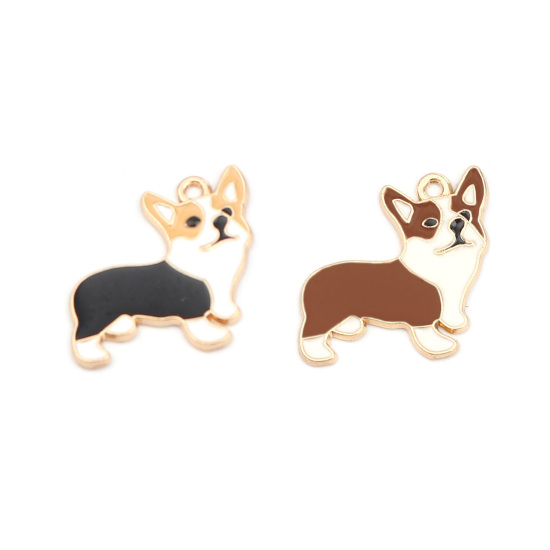 Image de Breloques en Alliage de Zinc Chien Corgi Doré Blanc & Jaune Émail 23mm x 22mm, 10 Pcs