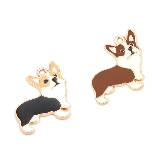 Image de Breloques en Alliage de Zinc Chien Corgi Doré Blanc & Jaune Émail 23mm x 22mm, 10 Pcs