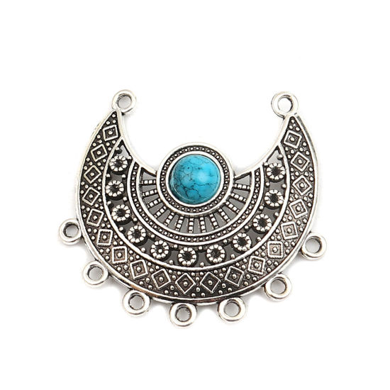 Image de Connecteurs Style Bohème en Alliage de Zinc Demi Lune Bleu Argent Vieilli Imitation Turquoise 43mm x 39mm, 10 Pcs