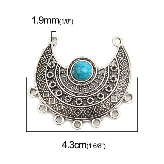 Image de Connecteurs Style Bohème en Alliage de Zinc Demi Lune Bleu Argent Vieilli Imitation Turquoise 43mm x 39mm, 10 Pcs