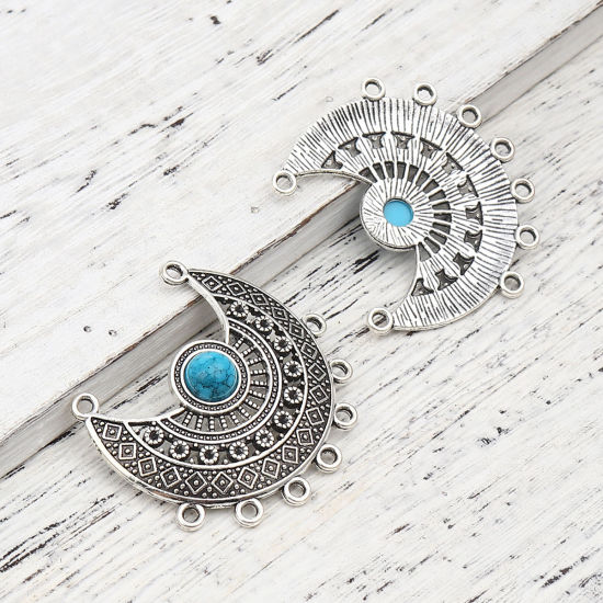Image de Connecteurs Style Bohème en Alliage de Zinc Demi Lune Bleu Argent Vieilli Imitation Turquoise 43mm x 39mm, 10 Pcs
