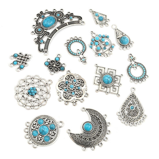 Image de Connecteurs Style Bohème en Alliage de Zinc Demi Lune Bleu Argent Vieilli Imitation Turquoise 43mm x 39mm, 10 Pcs