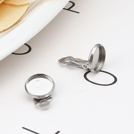Image de Boucles d'Oreilles Clips Non Perçantes en 304 Acier Inoxydable Rond Argent Mat Cabochon Rapportable (Adapté à 10mm Dia ) 17mm x 12mm, 10 Pcs