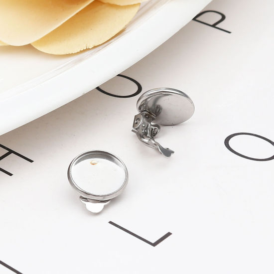 Image de Boucles d'Oreilles Clips Non Perçantes en 304 Acier Inoxydable Rond Argent Mat Cabochon Rapportable (Adapté à 12mm Dia ) 17mm x 14mm, 10 Pcs