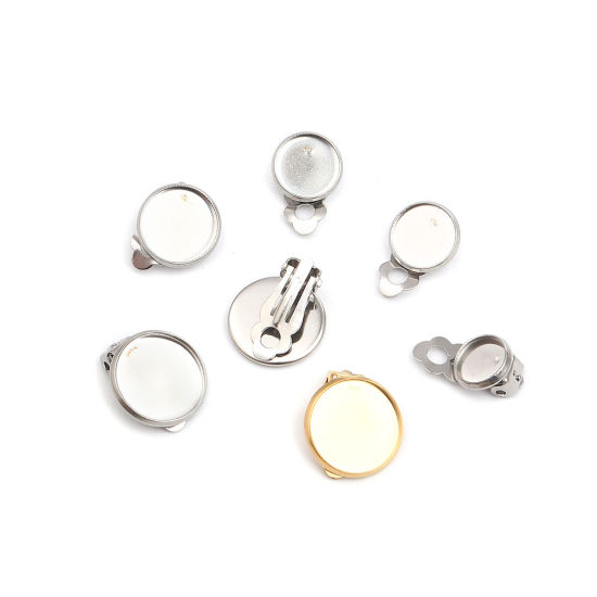 Image de Boucles d'Oreilles Clips Non Perçantes en 304 Acier Inoxydable Rond Argent Mat Cabochon Rapportable (Adapté à 12mm Dia ) 17mm x 14mm, 10 Pcs