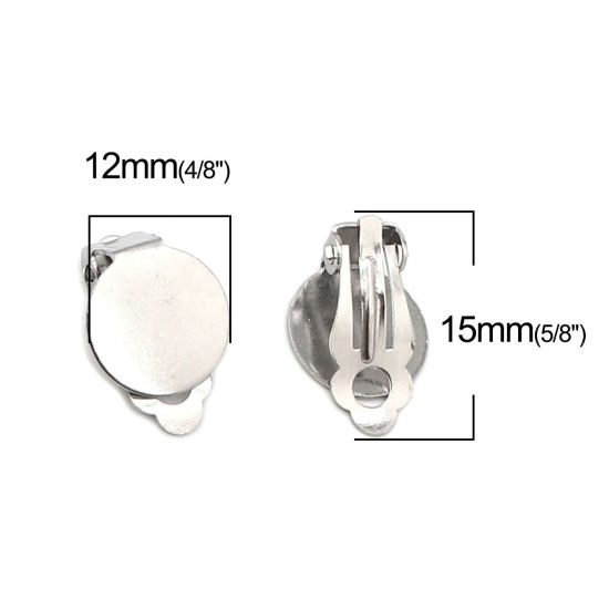 Image de Boucles d'Oreilles Clips Non Perçantes en 304 Acier Inoxydable Rond Argent Mat Coller sur (Adapté à 12mm Dia ) 15mm x 12mm, 10 Pcs