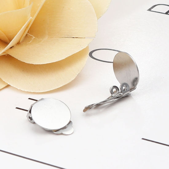 Image de Boucles d'Oreilles Clips Non Perçantes en 304 Acier Inoxydable Rond Argent Mat Coller sur (Adapté à 12mm Dia ) 15mm x 12mm, 10 Pcs