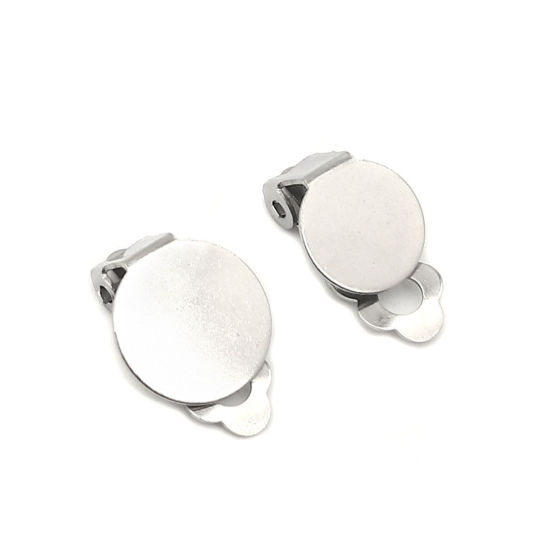 Image de Boucles d'Oreilles Clips Non Perçantes en 304 Acier Inoxydable Rond Argent Mat Coller sur (Adapté à 12mm Dia ) 15mm x 12mm, 10 Pcs