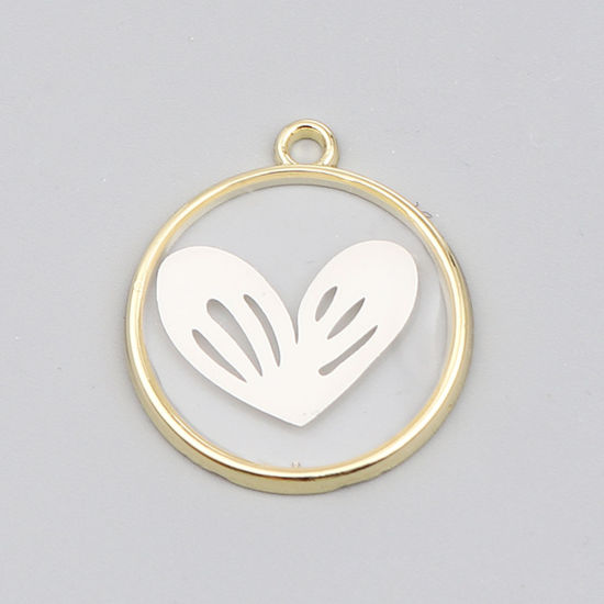 Bild von Zinklegierung Valentinstag Charms Ring Vergoldet Grauweiß Herz Emaille 23mm x 20mm, 5 Stück