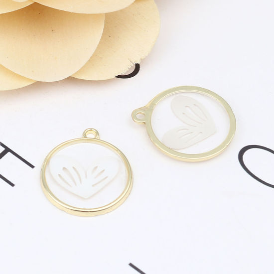 Bild von Zinklegierung Valentinstag Charms Ring Vergoldet Grauweiß Herz Emaille 23mm x 20mm, 5 Stück