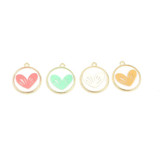 Bild von Zinklegierung Valentinstag Charms Ring Vergoldet Grauweiß Herz Emaille 23mm x 20mm, 5 Stück