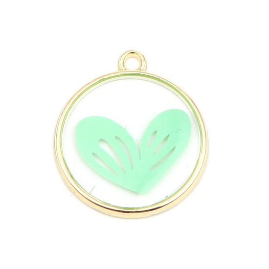Bild von Zinklegierung Valentinstag Charms Ring Vergoldet Grün Herz Emaille 23mm x 20mm, 5 Stück