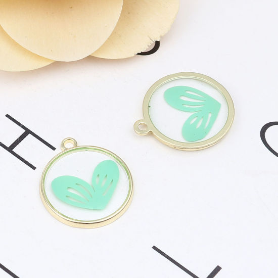 Bild von Zinklegierung Valentinstag Charms Ring Vergoldet Grün Herz Emaille 23mm x 20mm, 5 Stück