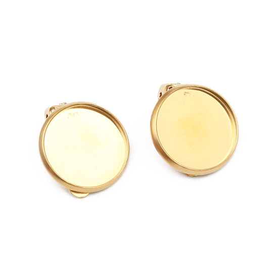 Picture of 304 Stainless Steel Non Piercing Clip-on Earrings Round Gold Plated Cabochon Settings (Fits 14mm Dia.) 18mm x 16mm, 10 PCs