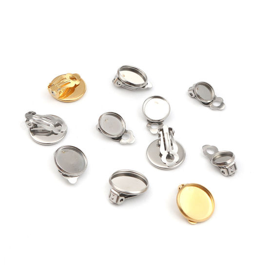 Picture of 304 Stainless Steel Non Piercing Clip-on Earrings Round Gold Plated Cabochon Settings (Fits 14mm Dia.) 18mm x 16mm, 10 PCs