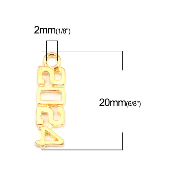 Picture of Zinc Based Alloy Year Charms Number Gold Plated Message " 2024 " 20mm x 6mm, 50 PCs