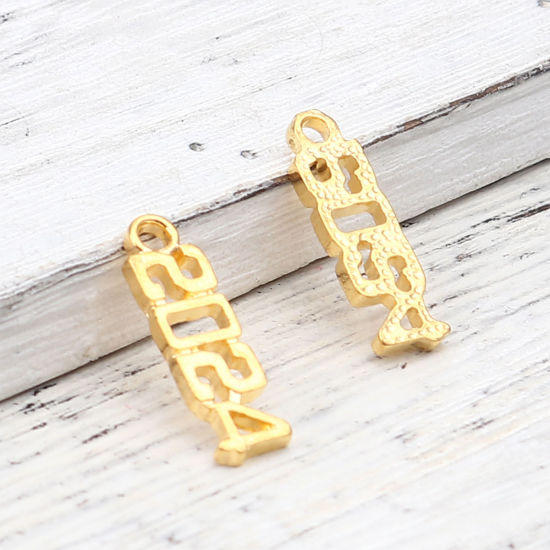 Picture of Zinc Based Alloy Year Charms Number Gold Plated Message " 2024 " 20mm x 6mm, 50 PCs