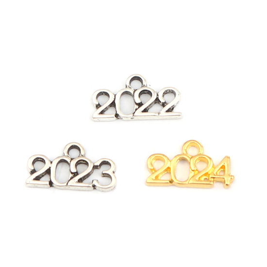 Picture of Zinc Based Alloy Year Charms Number Gold Plated Message " 2024 " 17mm x 9mm, 50 PCs