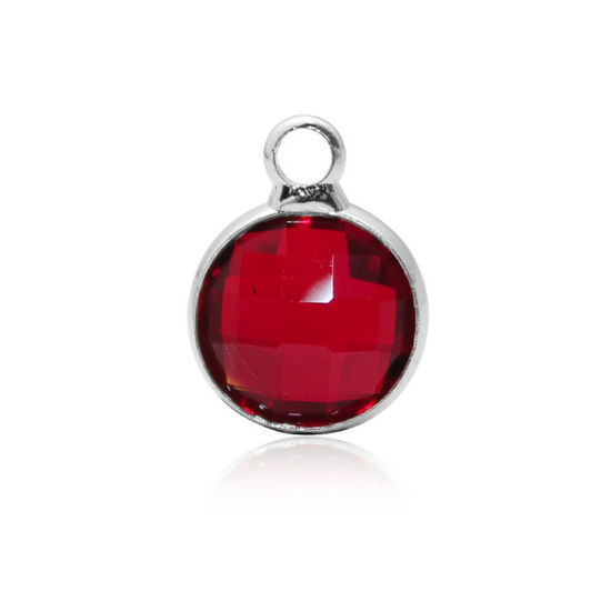 Picture of 5 PCs Brass & Glass Birthstone Charms Wholesale Real Platinum Plated Wine Red Round January 8.6mm Dia.