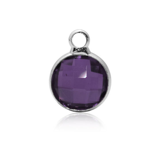 Picture of 5 PCs Brass & Glass Birthstone Charms Wholesale Real Platinum Plated Dark Purple Round February 8.6mm Dia.
