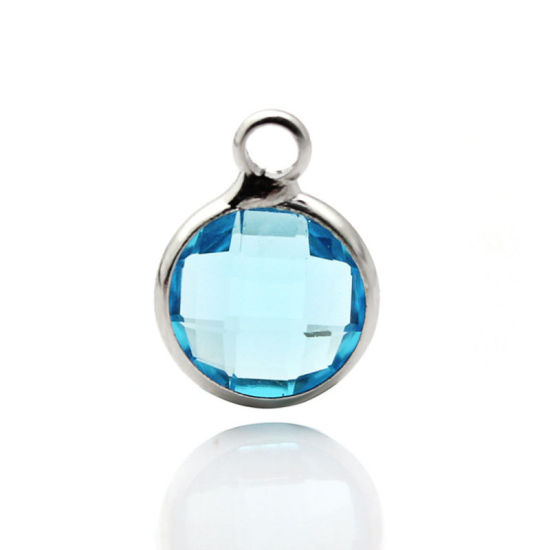 Picture of 5 PCs Brass & Glass Birthstone Charms Wholesale Real Platinum Plated Light Blue Round March 8.6mm Dia.