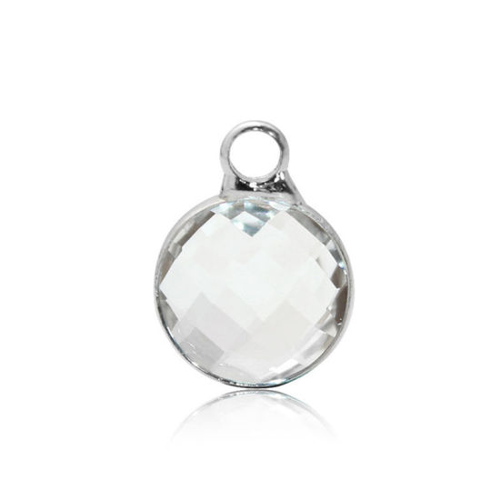 Picture of 5 PCs Brass & Glass Birthstone Charms Wholesale Real Platinum Plated White Round April 8.6mm Dia.
