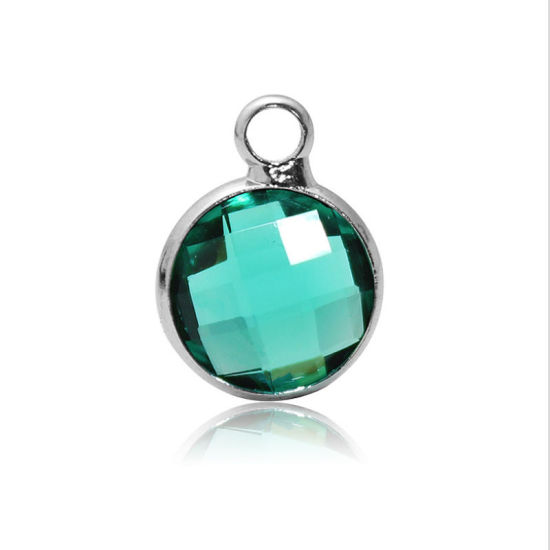 Picture of 5 PCs Brass & Glass Birthstone Charms Wholesale Real Platinum Plated Green Round May 8.6mm Dia.