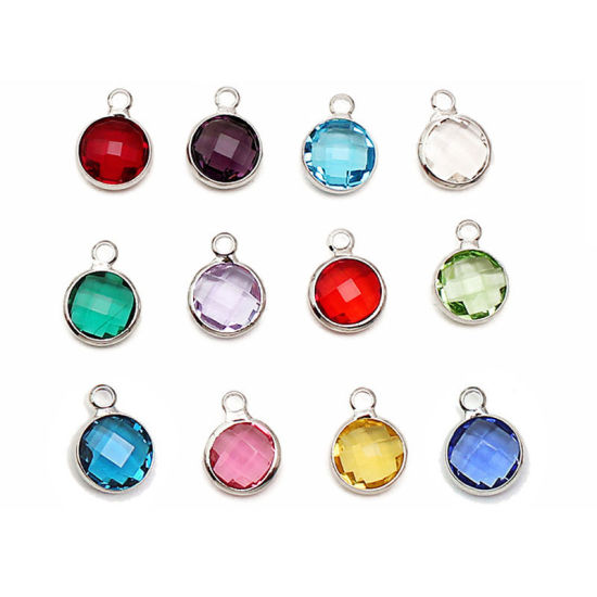 Picture of 5 PCs Brass & Glass Birthstone Charms Wholesale Real Platinum Plated Green Round May 8.6mm Dia.