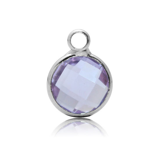 Picture of 5 PCs Brass & Glass Birthstone Charms Wholesale Real Platinum Plated Mauve Round June 8.6mm Dia.