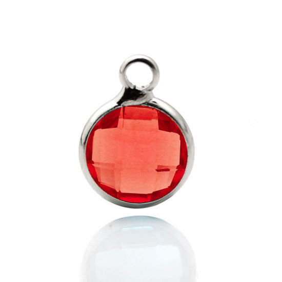 Picture of 5 PCs Brass & Glass Birthstone Charms Wholesale Real Platinum Plated Orange-red Round July 8.6mm Dia.