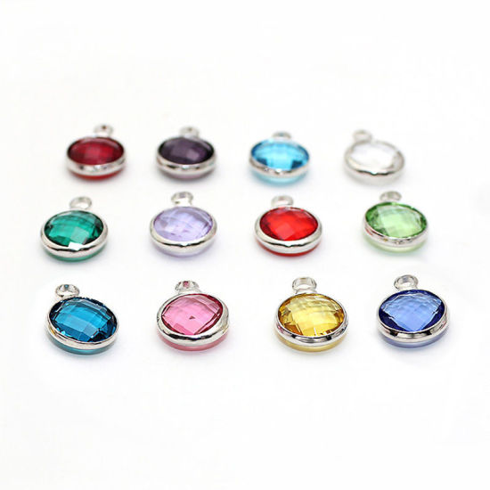 Picture of 5 PCs Brass & Glass Birthstone Charms Wholesale Real Platinum Plated Orange-red Round July 8.6mm Dia.