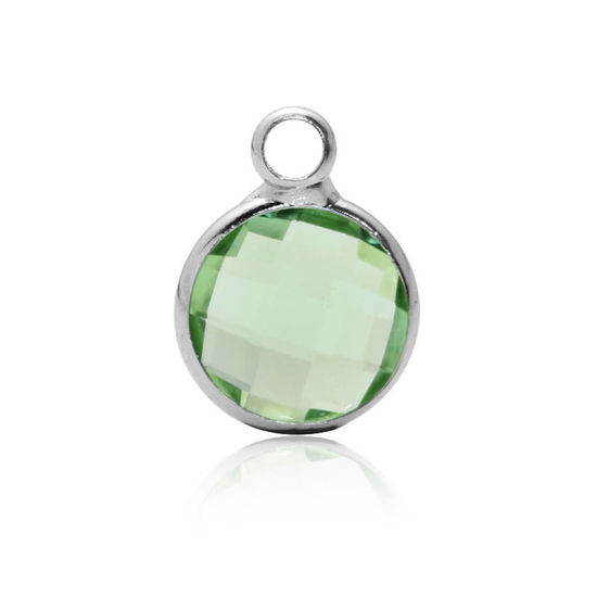 Picture of 5 PCs Brass & Glass Birthstone Charms Wholesale Real Platinum Plated Light Green Round August 8.6mm Dia.