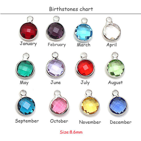 Picture of 5 PCs Brass & Glass Birthstone Charms Wholesale Real Platinum Plated Light Green Round August 8.6mm Dia.