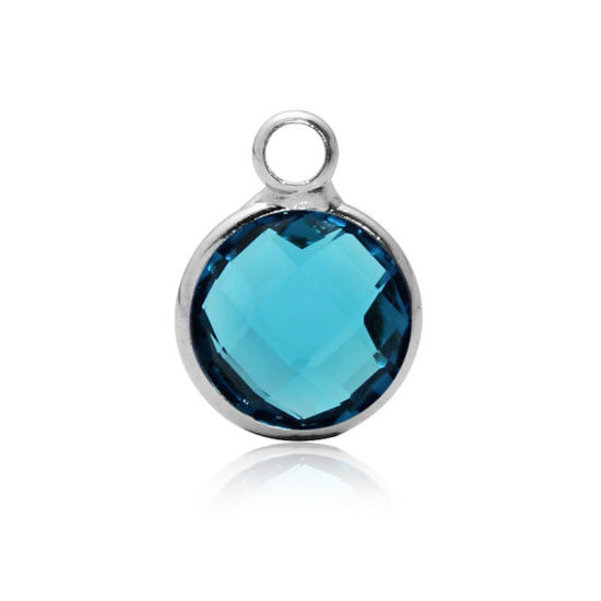 Picture of 5 PCs Brass & Glass Birthstone Charms Wholesale Real Platinum Plated Peacock Blue Round September 8.6mm Dia.