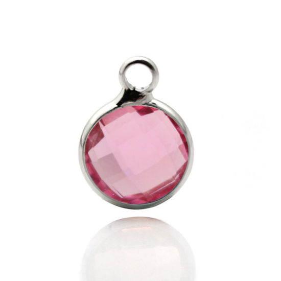 Picture of 5 PCs Brass & Glass Birthstone Charms Wholesale Real Platinum Plated Pink Round October 8.6mm Dia.