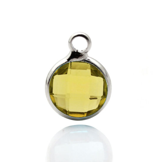Picture of 5 PCs Brass & Glass Birthstone Charms Wholesale Real Platinum Plated Yellow Round November 8.6mm Dia.
