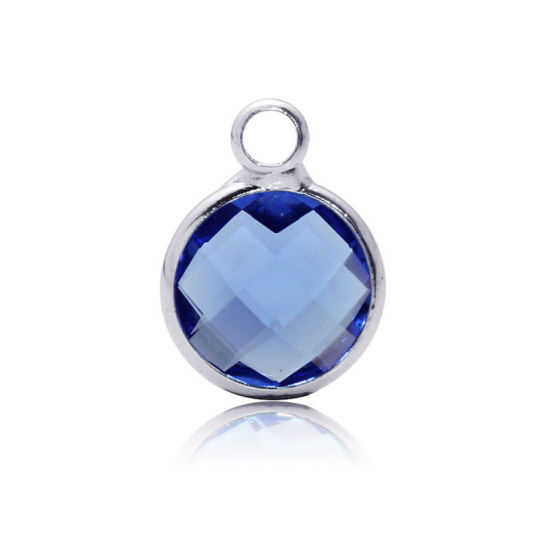 Picture of 5 PCs Brass & Glass Birthstone Charms Wholesale Real Platinum Plated Blue Violet Round December 8.6mm Dia.