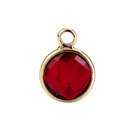 Picture of 5 PCs Brass & Glass Birthstone Charms Wholesale 18K Real Gold Plated Wine Red Round January 8.6mm Dia.