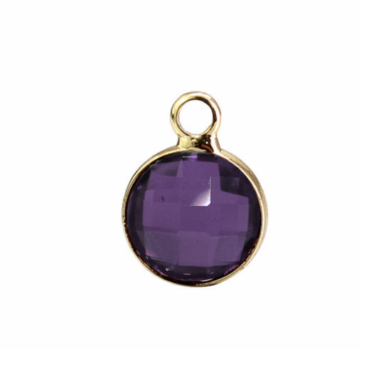 Picture of 5 PCs Brass & Glass Birthstone Charms Wholesale 18K Real Gold Plated Dark Purple Round February 8.6mm Dia.