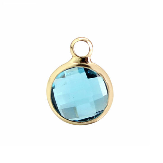 Picture of 5 PCs Brass & Glass Birthstone Charms Wholesale 18K Real Gold Plated Light Blue Round March 8.6mm Dia.