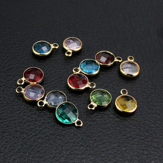 Picture of 5 PCs Brass & Glass Birthstone Charms Wholesale 18K Real Gold Plated Light Blue Round March 8.6mm Dia.
