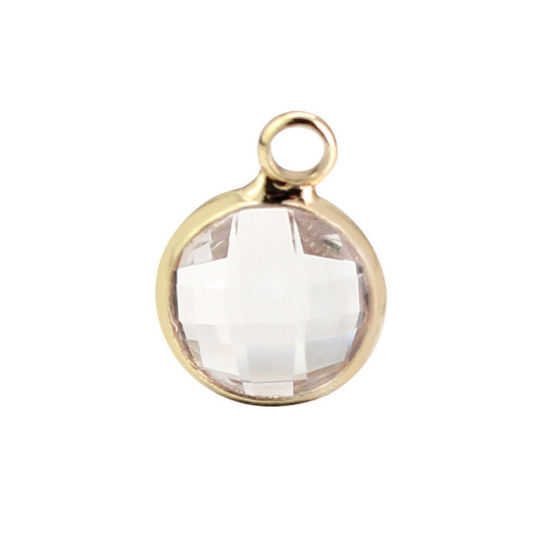 Picture of 5 PCs Brass & Glass Birthstone Charms Wholesale 18K Real Gold Plated White Round April 8.6mm Dia.