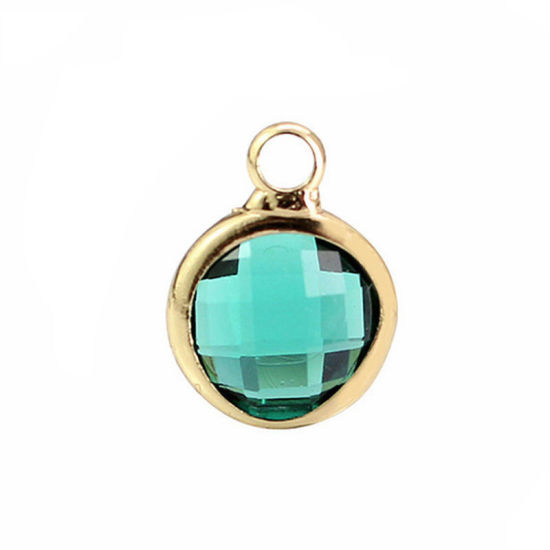 Picture of 5 PCs Brass & Glass Birthstone Charms Wholesale 18K Real Gold Plated Green Round May 8.6mm Dia.