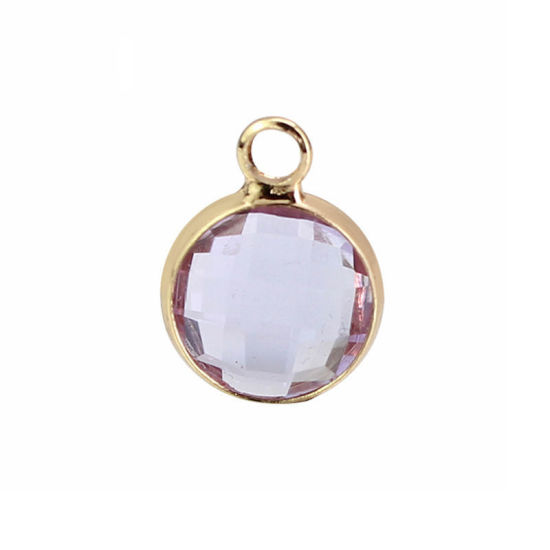 Picture of 5 PCs Brass & Glass Birthstone Charms Wholesale 18K Real Gold Plated Mauve Round June 8.6mm Dia.