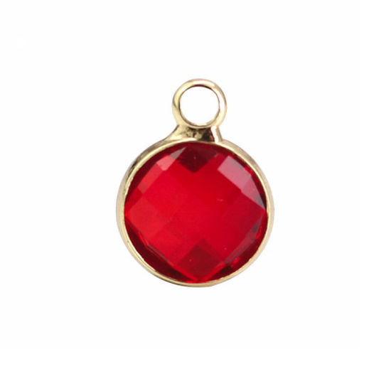 Picture of 5 PCs Brass & Glass Birthstone Charms Wholesale 18K Real Gold Plated Orange-red Round July 8.6mm Dia.